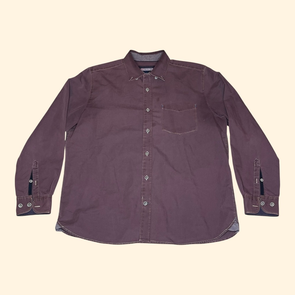 32 Bar Blues Mens LARGE‎ Plum Purple Cotton Linen Long Sleeve Button Down Shirt